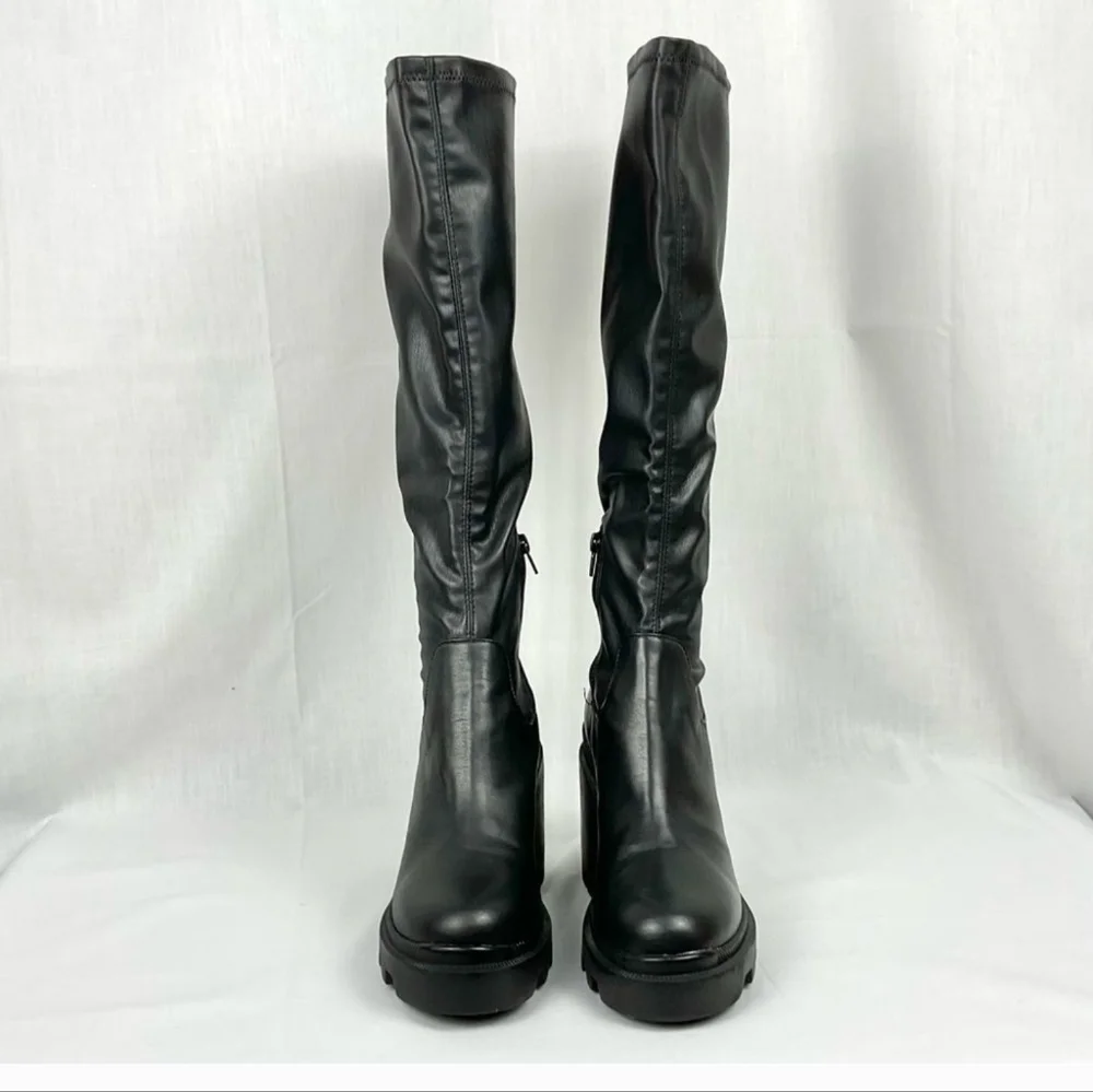 Steve Madden Black Platform Boots Tall Faux Leather Roxanna Lug Sole New - Picture 8 of 8